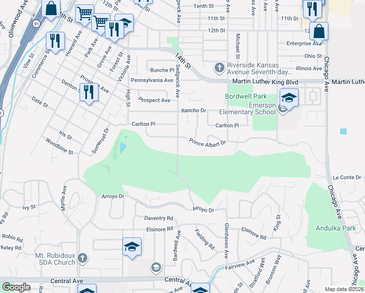 map of restaurants, bars, coffee shops, grocery stores, and more near 4888 Sedgwick Avenue in Riverside