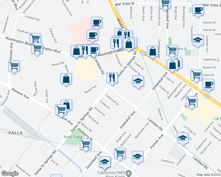 map of restaurants, bars, coffee shops, grocery stores, and more near 12622 Lambert Road in Whittier