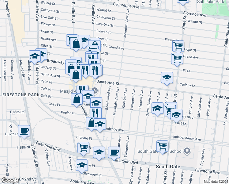 map of restaurants, bars, coffee shops, grocery stores, and more near 8147 Mountain View Avenue in South Gate