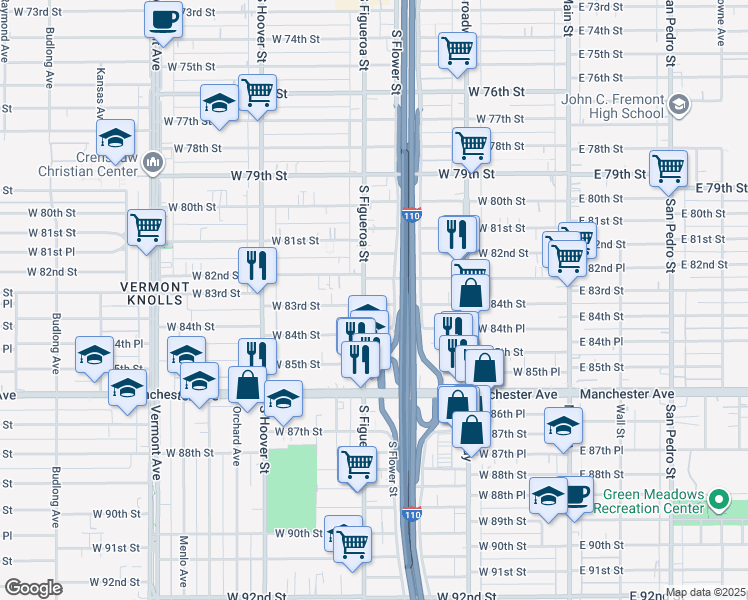 map of restaurants, bars, coffee shops, grocery stores, and more near 8406 South Figueroa Street in Los Angeles