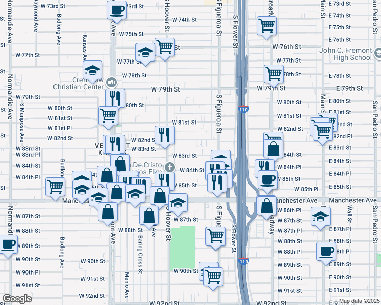 map of restaurants, bars, coffee shops, grocery stores, and more near 702 West 83rd Street in Los Angeles