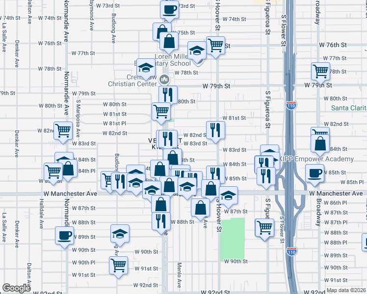 map of restaurants, bars, coffee shops, grocery stores, and more near 918 West 83rd Street in Los Angeles