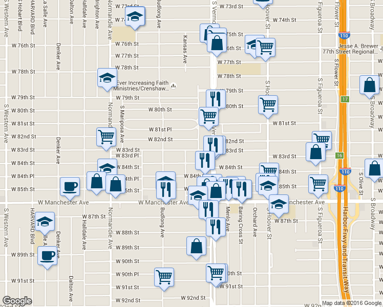 map of restaurants, bars, coffee shops, grocery stores, and more near 1031 West 84th Street in Los Angeles