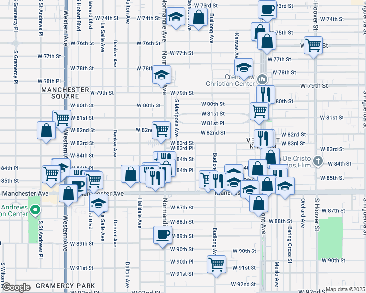map of restaurants, bars, coffee shops, grocery stores, and more near 1320 West 83rd Place in Los Angeles