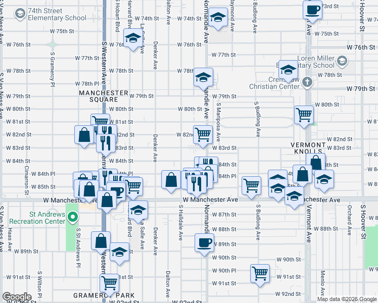 map of restaurants, bars, coffee shops, grocery stores, and more near 1445 West 84th Street in Los Angeles