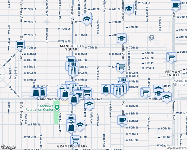 map of restaurants, bars, coffee shops, grocery stores, and more near 1607 West 84th Street in Los Angeles