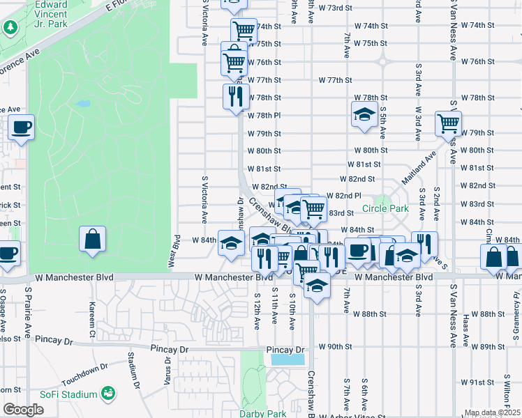 map of restaurants, bars, coffee shops, grocery stores, and more near 8310 Crenshaw Boulevard in Inglewood