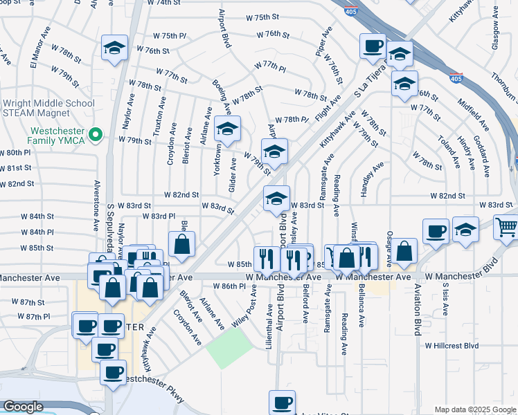 map of restaurants, bars, coffee shops, grocery stores, and more near 8337 Kittyhawk Avenue in Los Angeles