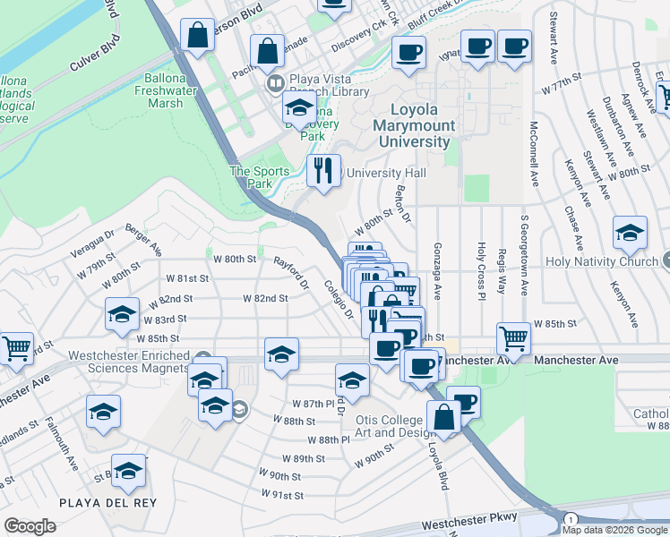 map of restaurants, bars, coffee shops, grocery stores, and more near 8129 Lincoln Boulevard in Los Angeles