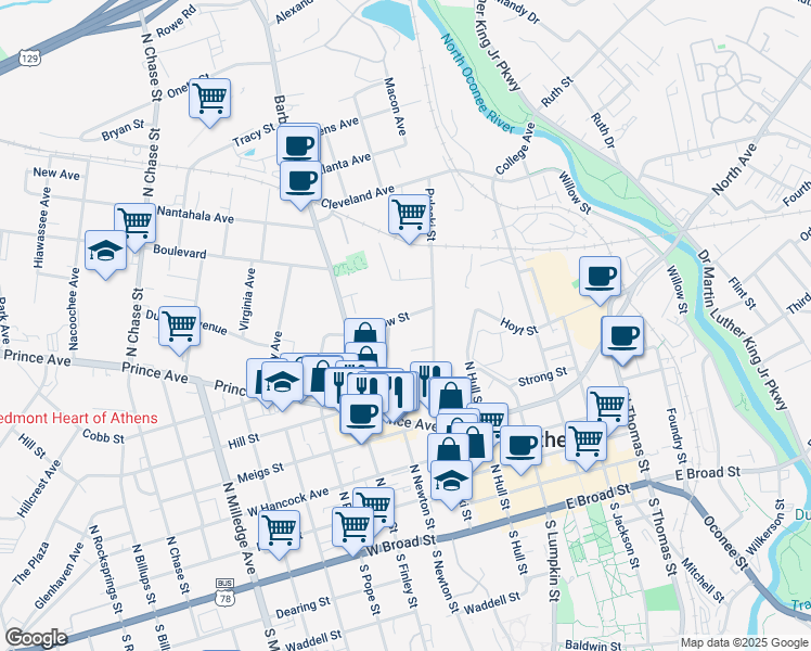 map of restaurants, bars, coffee shops, grocery stores, and more near 561 Pulaski Street in Athens