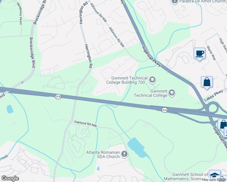 map of restaurants, bars, coffee shops, grocery stores, and more near 1400 Flattail Run in Lawrenceville