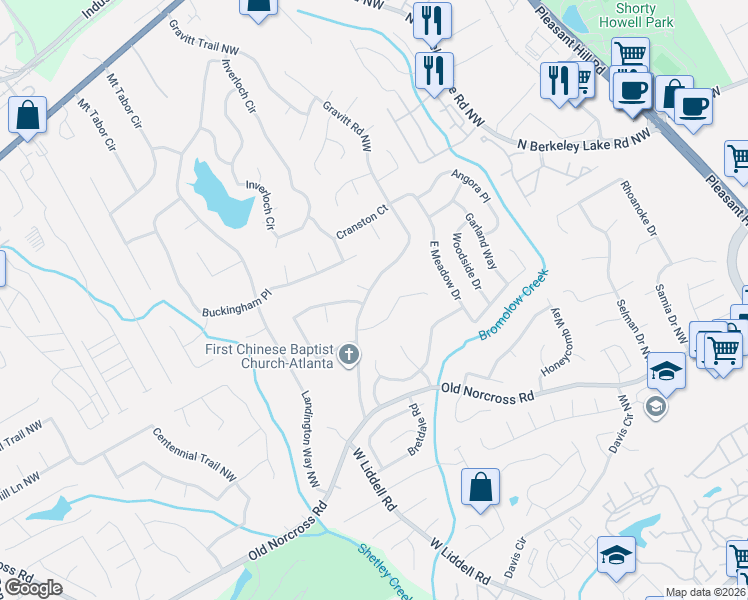 map of restaurants, bars, coffee shops, grocery stores, and more near 2606 Gravitt Road Northwest in Duluth