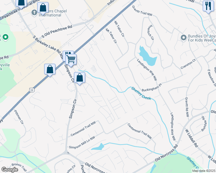 map of restaurants, bars, coffee shops, grocery stores, and more near 2304 Shetley Creek Drive in Norcross