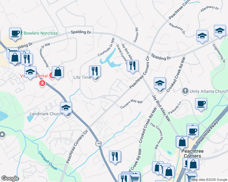 map of restaurants, bars, coffee shops, grocery stores, and more near 804 Peachtree Forest Avenue in Norcross