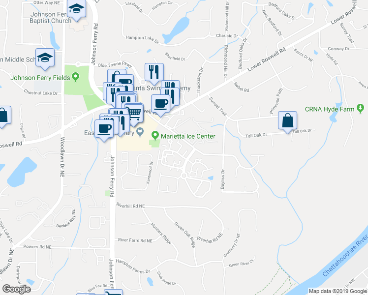 map of restaurants, bars, coffee shops, grocery stores, and more near 610 Serramonte Drive in Marietta