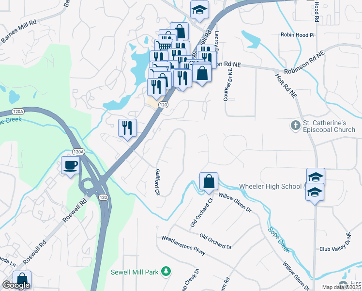 map of restaurants, bars, coffee shops, grocery stores, and more near 478 Guilford Circle in Marietta