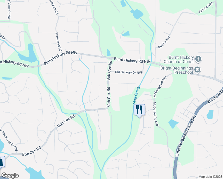 map of restaurants, bars, coffee shops, grocery stores, and more near 2807 Bob Cox Road in Marietta
