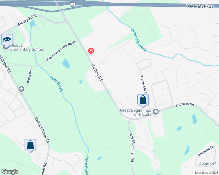 map of restaurants, bars, coffee shops, grocery stores, and more near 1112 Harbins Road in Dacula