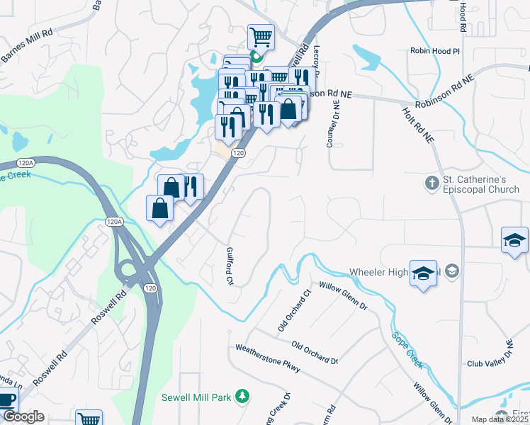 map of restaurants, bars, coffee shops, grocery stores, and more near 478 Guilford Circle in Marietta