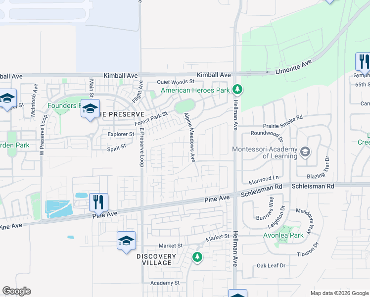 map of restaurants, bars, coffee shops, grocery stores, and more near 8667 Autumn Path Street in Chino