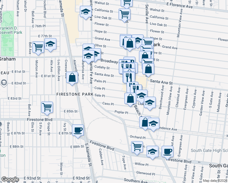 map of restaurants, bars, coffee shops, grocery stores, and more near 2527 Sale Place in Huntington Park