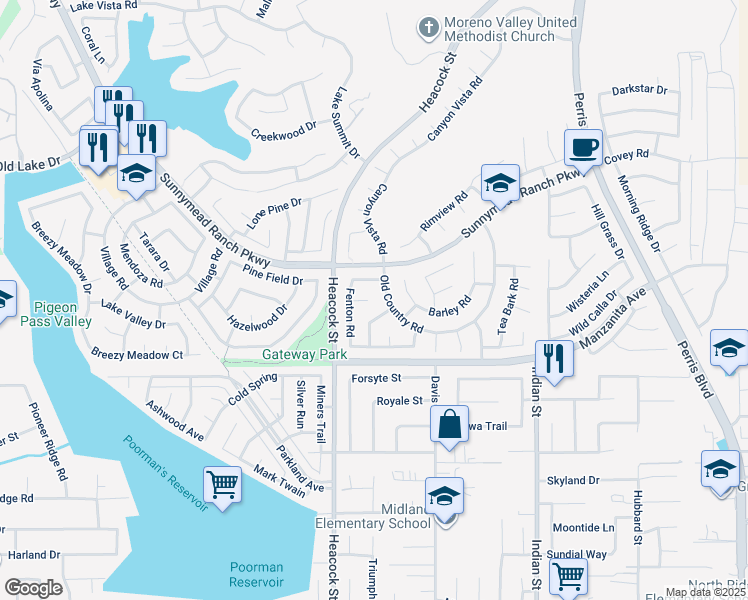 map of restaurants, bars, coffee shops, grocery stores, and more near 24082 Orange Creek Circle in Moreno Valley