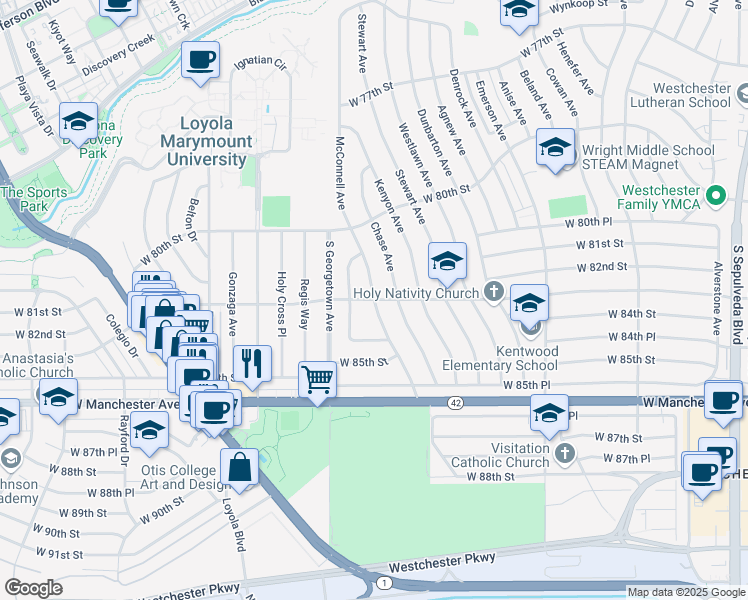 map of restaurants, bars, coffee shops, grocery stores, and more near W 83rd St & McConnell Ave in Los Angeles