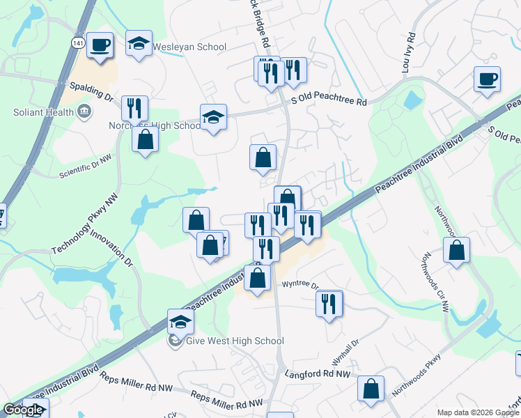 map of restaurants, bars, coffee shops, grocery stores, and more near 5220 Medlock Corners Drive in Norcross