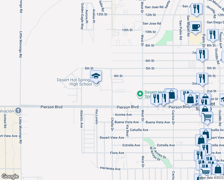 map of restaurants, bars, coffee shops, grocery stores, and more near Cholla Drive in Desert Hot Springs