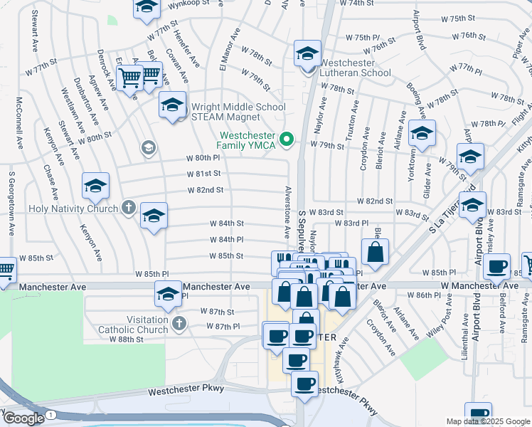 map of restaurants, bars, coffee shops, grocery stores, and more near 6356 West 83rd Street in Los Angeles