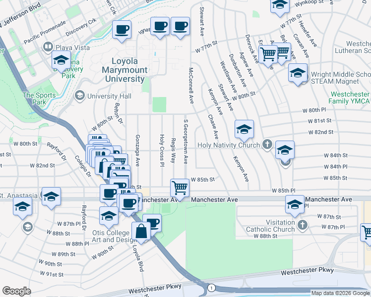 map of restaurants, bars, coffee shops, grocery stores, and more near West 83rd Street & Georgetown Avenue in Los Angeles