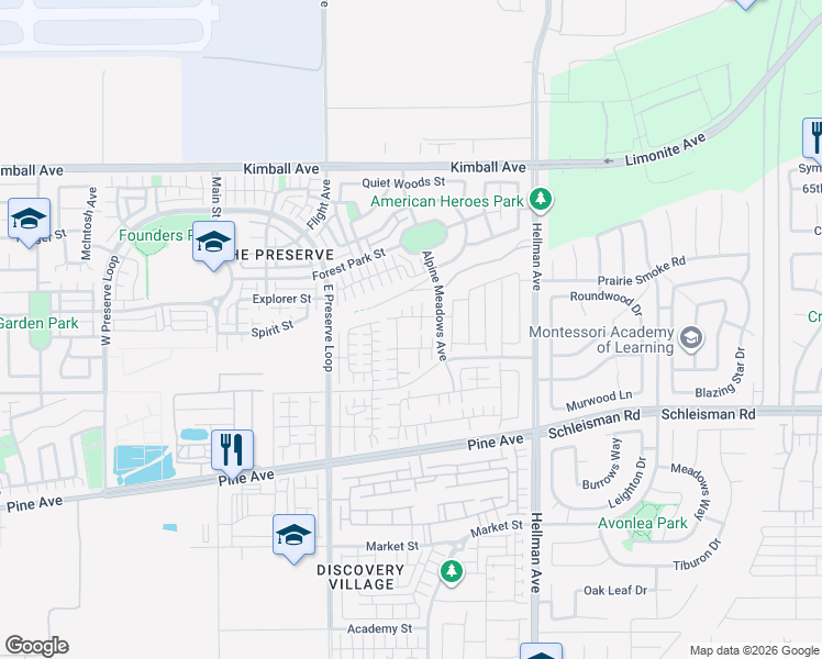 map of restaurants, bars, coffee shops, grocery stores, and more near 8647 Autumn Path Street in Chino
