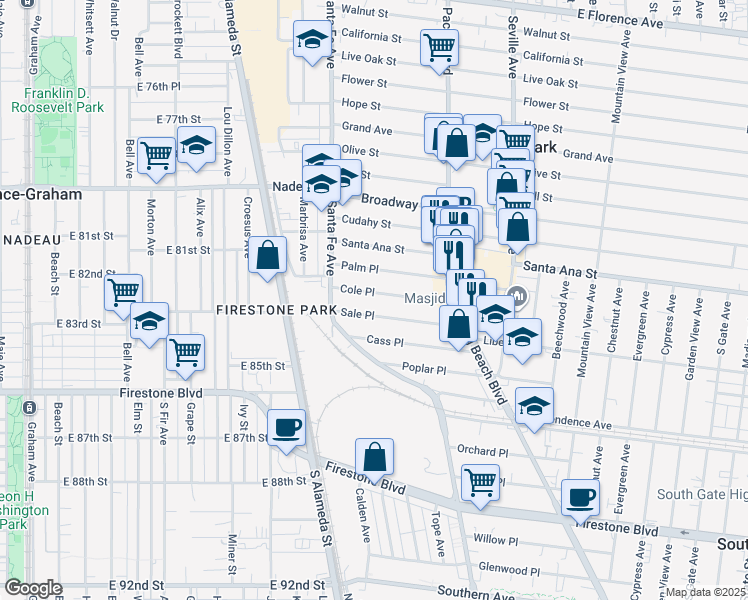map of restaurants, bars, coffee shops, grocery stores, and more near 2452 Cole Place in Huntington Park