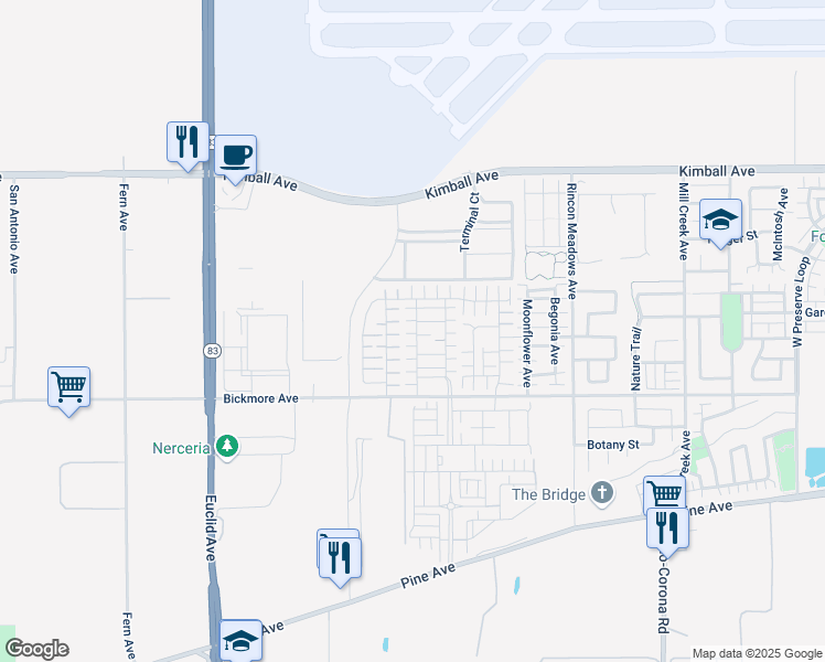 map of restaurants, bars, coffee shops, grocery stores, and more near 15984 Holstein Street in Chino
