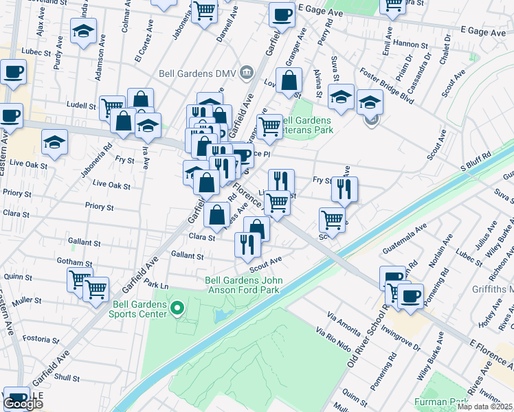 map of restaurants, bars, coffee shops, grocery stores, and more near 6450 Florence Avenue in Bell Gardens