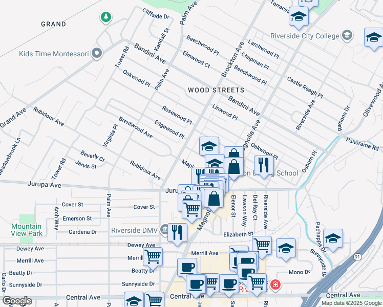 map of restaurants, bars, coffee shops, grocery stores, and more near 4070 Garden Home Court in Riverside
