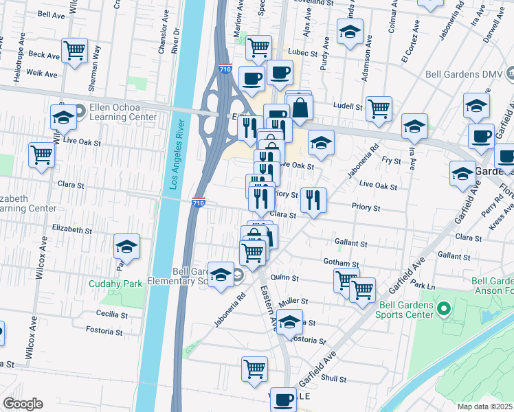 map of restaurants, bars, coffee shops, grocery stores, and more near in Bell Gardens