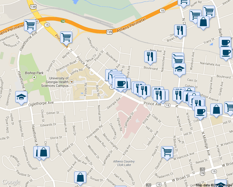 map of restaurants, bars, coffee shops, grocery stores, and more near 1397 Prince Avenue in Athens