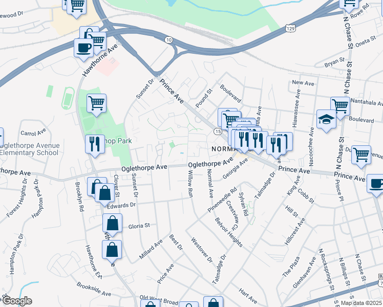 map of restaurants, bars, coffee shops, grocery stores, and more near 100 Foster Road in Athens