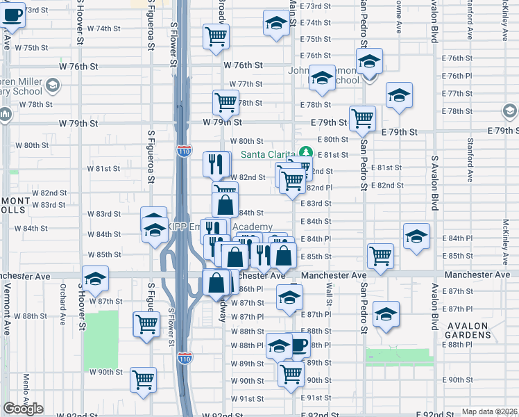 map of restaurants, bars, coffee shops, grocery stores, and more near 161 West 84th Street in Los Angeles