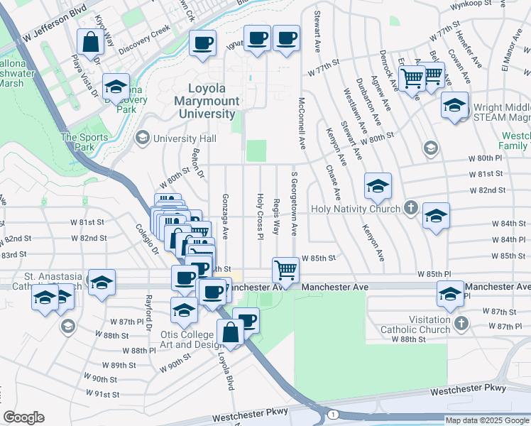 map of restaurants, bars, coffee shops, grocery stores, and more near 8136 Holy Cross Place in Los Angeles