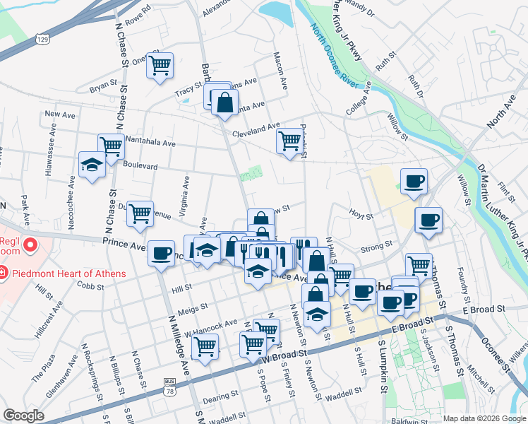 map of restaurants, bars, coffee shops, grocery stores, and more near 250 Barrow Street in Athens