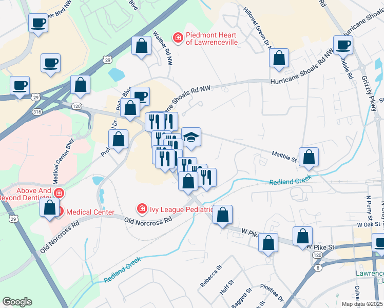 map of restaurants, bars, coffee shops, grocery stores, and more near 501 West Pike Street in Lawrenceville