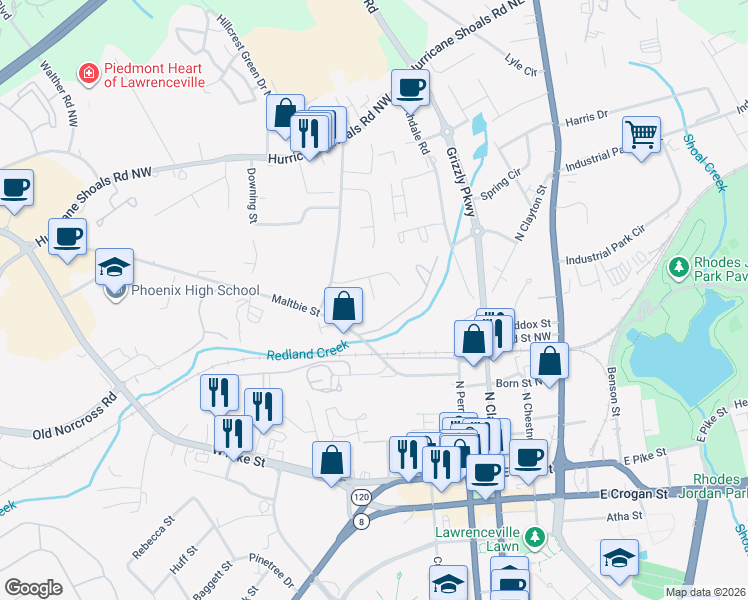 map of restaurants, bars, coffee shops, grocery stores, and more near 355 Dixie Court in Lawrenceville