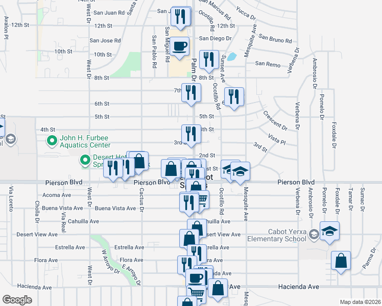map of restaurants, bars, coffee shops, grocery stores, and more near 11719 Palm Drive in Desert Hot Springs