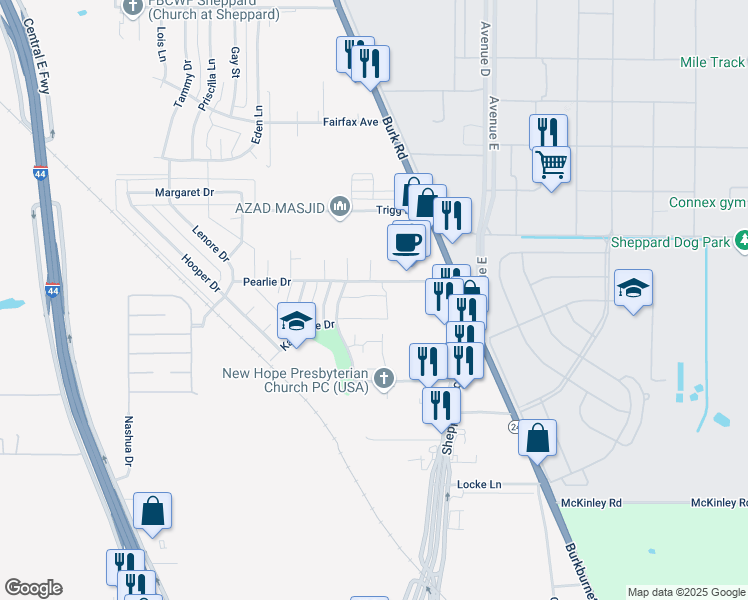 map of restaurants, bars, coffee shops, grocery stores, and more near 1701 Pearlie Drive in Wichita Falls