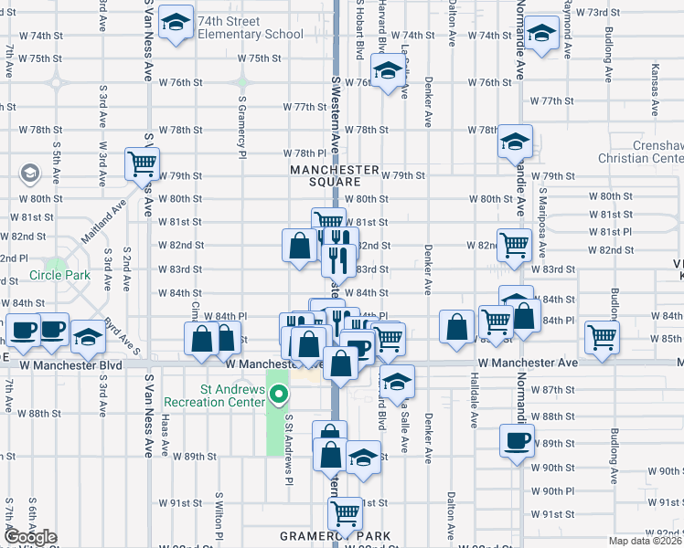 map of restaurants, bars, coffee shops, grocery stores, and more near 1733 West 84th Street in Los Angeles