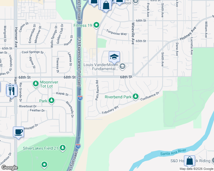 map of restaurants, bars, coffee shops, grocery stores, and more near 11990 Meander Way in Jurupa Valley