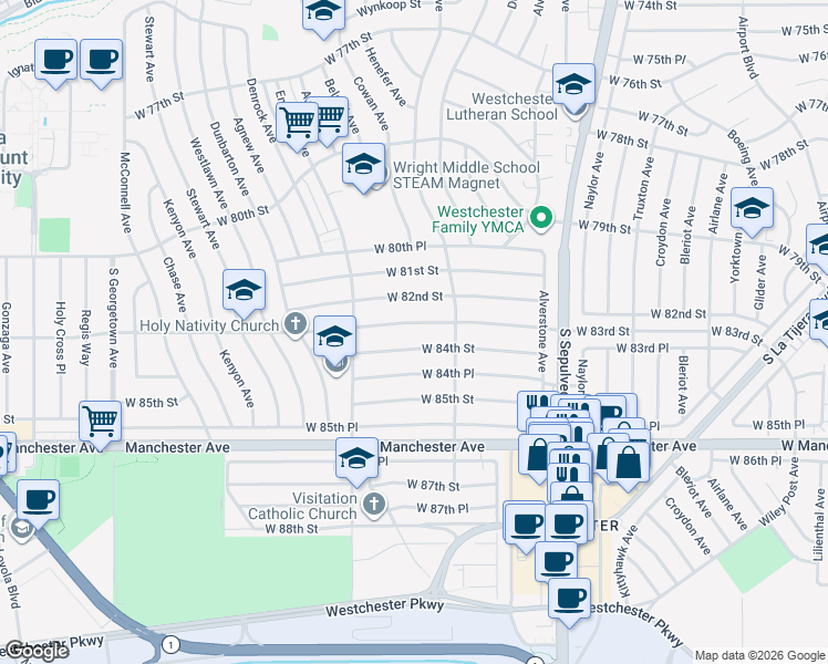 map of restaurants, bars, coffee shops, grocery stores, and more near 6527 West 84th Street in Los Angeles