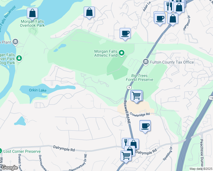 map of restaurants, bars, coffee shops, grocery stores, and more near 7104 Santa Fe Parkway in Sandy Springs